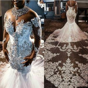 Luxury Crystal Beaded Mermaid Wedding Dresses with Long Sleeves Lace Appliqued Sheer Neck High Neck South African Beach Wedding Br243m