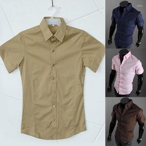 メンズカジュアルシャツドレストップ半袖ブラウスボタンスリムな快適な男性ハーフシャツ夏の服を着た服