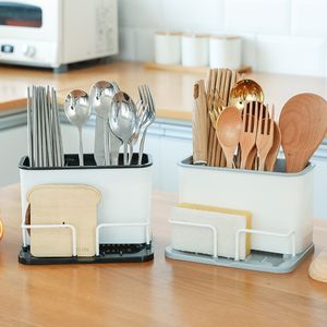 Utensil Racks Plastic Double Grid Chopsticks Cage Rack Tableware Spoon Drainer Sponge Shelves Storage Baskets Kitchen Cutlery Organizer Holder 230617