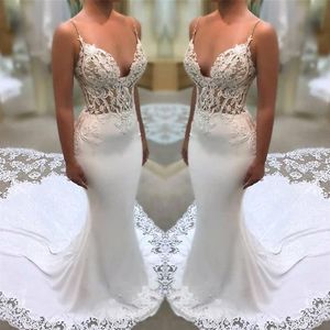 Elegant Spaghetti Straps Lace Mermaid Wedding Dresses Illusion Satin Tulle Applique Court Train Wedding Bridal Gowns BA9941304I