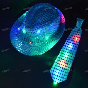 Fashion Kids Adult LED Light Up Tie Paillettes Jazz Cappello Fedora Lampeggiante Neon Party Gift Costume Cap Compleanno Matrimonio Carnevale All'ingrosso GG