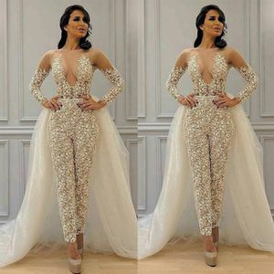 Saia destacável modesta macacão vestidos de noiva vestidos de noiva 2021 apliques de renda manga longa elegante terno para mulheres vestidos3068