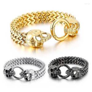 Braccialetti di collegamento 12mm Punk gotico Uomo Donna Placca d'oro Bracciale doppio teschio Retro Bracciale in maglia di acciaio inossidabile Charm Scheletro Bracciale rigido