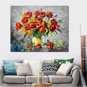 Textured Contemporary Art Red Flower Hand Painted Still Life Canvas Painting Bedroom Decor