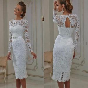 Vintage Informal Casual Wedding Dresses Tea Length Lace Long Sleeves Short vestido de noiva Sheath High Jewel Neck Bridal Gowns236G