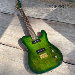 Acepro Electric Guitar Green Burst Spalted Maple Top Gold Hardware Locking Tuners P90ピックアップAbalone Dots Inlays高品質