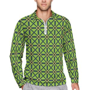 Herrpolos Green Geo Print Polo Shirts Autumn Checkered Zipper Casual Shirt Lång ärm Turn-Down Collar Y2K Mönster Överdimensionerade T-shirts 230617