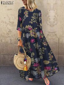 Sukienka Zanzea Summer Women O Neck 3/4 Sleeve Holiday Maxi Sundress Vintage Kaftan Beach Vestido Robe Femme Bohemian Floral Print Dress