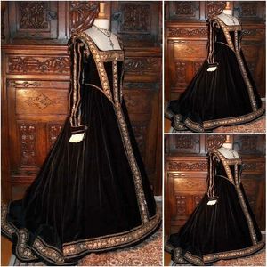 Victorian Gothic Civil War Southern Wedding Gowns Black Gold applique Long Sleeve Velvet Halloween Theater Edwardian Bridal Party 286P