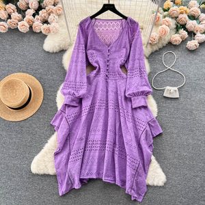 Casual Dresses French Irregular Openwork A-line Dress Women New Summer V Neck lace-up Slim Long Sleeve Elegant Vestidos De Verano Mujer 2023