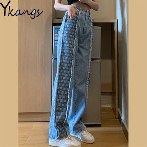 Calças de brim lado xadrez ing lixar cintura alta perna larga jeans retalhos coreano streetwear feminino calças jeans hippie na moda calças soltas