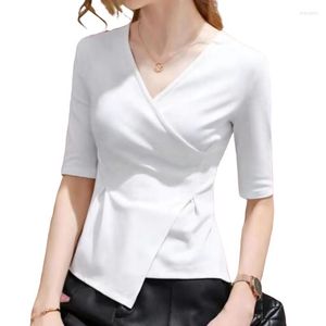 Kvinnors blusar 4xl 2023 Kvinnor Summer V-ringad lady mode Casual Short Sleeve Office Sexig Solid Color Clothing Tops Tees WY0856