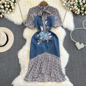 Casual Dresses New Arrival Lace-up Collar Denim Spell Floral Print Slim Mermaid Dresses Women's Beaded Flower Embroidery Summer Bodycon Dress 2023