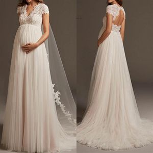 Vestido de Noiva Bohemian Tulle spets gravid bröllopsklänningslock ärmhylsa öppet rygg mammalbridklänningar för Robe de Mariee320T