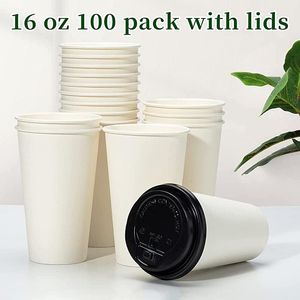 ツール100pcs 16オンスの蓋付きの使い捨てカップホットドリンク紙カップミルクティー、飲み物、コーヒー用の使い捨て食器パーティー用品