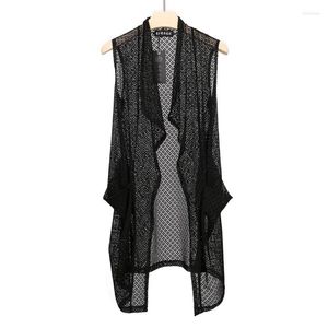 Gilet da uomo 2023 Summer Hollow Out Long Vest Street Casual Giacca senza maniche Mens Fashion Coreano Vintage Mantello Cardigan