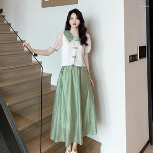 Work Dresses Summer Women Fashion Skirt Set Retro Chinese Style Tops And High Waist Slim Long Saya Female Two Piece Suits Green Clothes