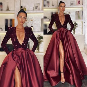 Elegant Burgundy Sequins Prom Dresses Plunging V Neck A Line Party Evening Gowns Pleats Long Sleeves Slit Semi Formal Red Carpet Long Special Occasion dress