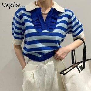 Pallover Neploe 2023 Summer Sweet Età Riduzione del bavero colletto Pullover Pullover Paltwork Fungo Edge a manica corta Stripe Magli