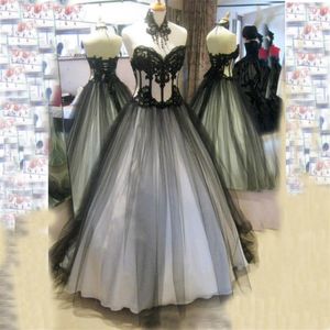 Viktorianska gotiska bröllopsklänningar verklig bild högkvalitativ svartvita brudklänningar spetsapplikationer mjuk tyll spetsar bakåt vinta211f