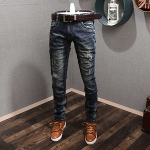 Men's Trendy Rock Revolving slim tapered jeans with Torn Holes, Embroidered Pins, and Slim Fit - Blue and Black Washed - Perfect for Religious Men