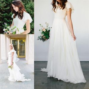 Modest Flowy Chiffon Wedding Dresses 2017 Beach Short Sleeves Beaded Belt Bridal Gowns Queen Anne Neck Informal Reception Dress347p