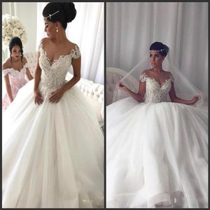 Luxury Beaded Ball Gown Wedding Dresses Short Cap Sleeves Lace Applique Sheer Neck Illusion Floor Length Wedding Gowns vestido de 2247