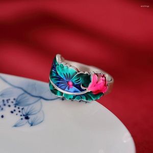 Cluster Rings XS Lotus Blossoming Women's Ring Cloisonne Ink Fine Arts Versatile Opening Adjustable Ethnic Style