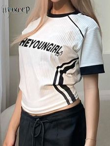 女性のTシャツウィーキープY2KステッチルーズルーズTシャツテックウェア半袖Oネッククロップトップ