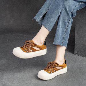 Sandálias primavera sapatos de couro genuíno feminino com cadarço cor doce retrô 2023 oco conciso feito à mão lazer senhoras
