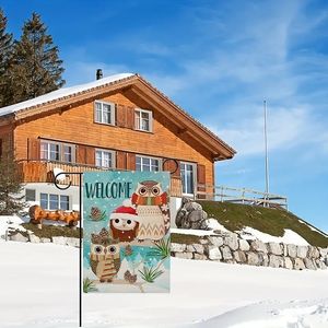 1PC, domowe powitalne flagę zimowej ogrodu, świąteczny dom świąteczny Owl Snow Owls Decor, świąteczność zewnętrzna dekoracja sezonowa mała flaga Burlap