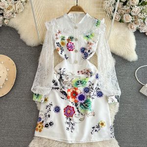 Casual Dresses Women Summer Dress Runway Designer Lace Stitching See Through Lantern Sleeve Stand Collar Fashion Mini Dress Vestidos 2023