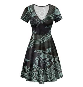 Basic Casual Dresses Polynesian Hawaiian Traditional Tribal Clothing Hibiscus Tattoo Print Women Summer Short Sleeve Corset Dress Lady Robe