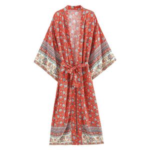 Dresses Red Floral Print Sashes Boho Vintage Women Bohemian V Neck Batwing Sleeves Happie Blouses Casual Blusas Robe Kimono