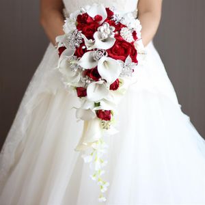 Buquê de noiva com pérolas artificiais e cristal, marfim, broche artesanal, noiva, buquê de casamento em cascata vermelho, cachoeira309s