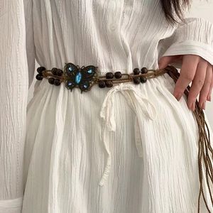 Belts Vintage Hand-woven Belt For Woman Dress Decoration Waist Chain Bohemian Beach Style Butterfly Buckle Linen Woven Rope