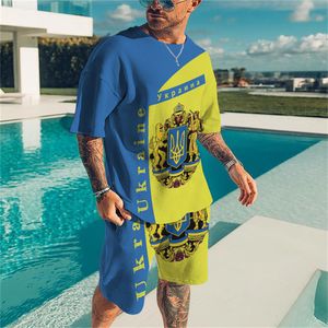 Men's Tracksuits Summer Ukraine National Emblem 2 Piece Sets Tracksuit Men's Oversized Clothes Beach Style 3D Printed Men Suit Tshirt Shorts 230617