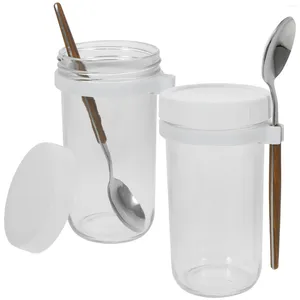 Flatware Sets 2 Pcs Mason Cup Spoon Glass Container Jars Airtight Lids Overnight Oat Wood Oats Spoons