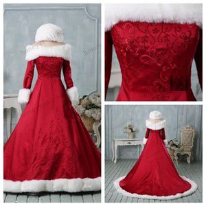 Winterhochzeitskleid Weihnachtshochzeitskleider Kunstpelz-Satin-Brautkleid Stickerei-Hochzeitskleider Langarm-Brautkleid Kleid 326p