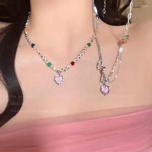 Pendant Necklaces Elegant Colorful Bead Charm Necklace For Women Pink Zircon Love Heart Wedding Party Y2K Jewelry E115