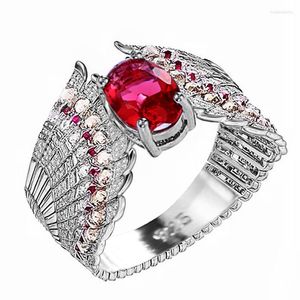 Wedding Rings Luxury Female Charm Big Oval Red Zircon Ring Feather Silver Color For Women Small Yellow Stone Engagement Jewelry