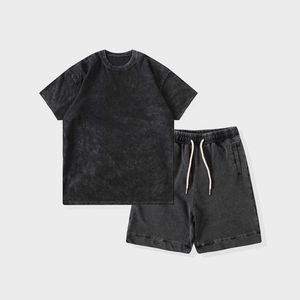 KS5001 New Arrivals Custom 100％CottonBlack Washed TshirtとJogger Kids Clothes Set Child Clothing