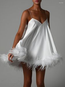 Casual Dresses 2023 Summer Women Sleeveless Sexy Strap V-Neck Satin Ostrich Feather Loose Mini Dress Celebrate Fashion Girls' Party