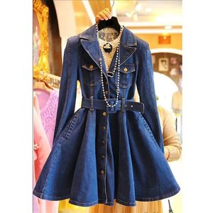 Casual Dresses Spring New Single-breasted Denim Long Sleeve Pockets Slim A-line Jeans Dress Korean Fashion Notched Cowboy Coat