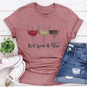 Women's T Shirts Red Wine 4th Of July Shirt White Glasses Flag Tee Patriotic Ladies L