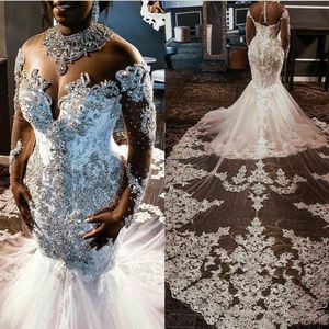 Luxury Crystal Beaded Mermaid Wedding Dresses with Long Sleeves Lace Appliqued Sheer Neck High Neck South African Beach Wedding Br240h