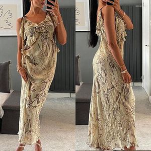 Vestidos Casuais Alça Manga Decote em V Cintura Alta Corset Halter Ruffle Férias Vestido Longo Streetwear Mulheres Verão Retro Boêmio