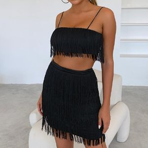 Camis sommar ny nattklubb mode sexig tofs tas top höft kjol set kvinnor slip tank tops mini kjolar fransade två delar festkläder