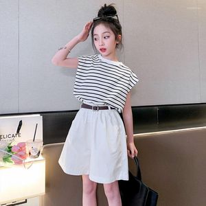 Clothing Sets Teen Girl Summer Casual Cotton Suits 2023 Children's Fashionable Kids Striped Vest Shorts With Free Belt Two-Piece Outfits