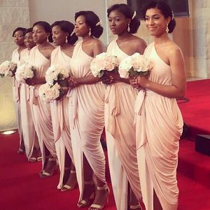 Bridesmaid Dresses 2023 Ruched Beach Wedding Party Guest Dresses Nude One Shoulder Front Split Junior Maid of Honor Dress Ankle-length